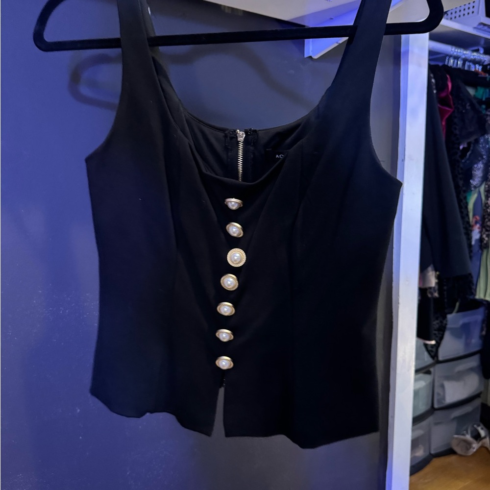 Aqua Black Sleeveless Blouse with Pearl Accents